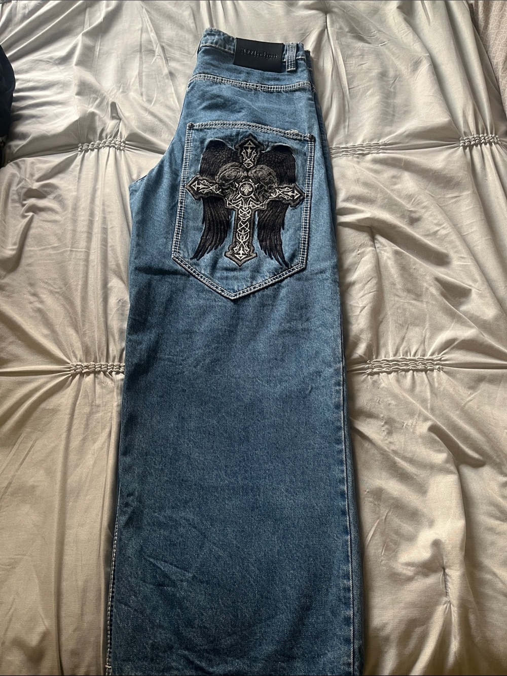 Affliction Blue Relaxed Jeans with Black Winged Cross Embroidery